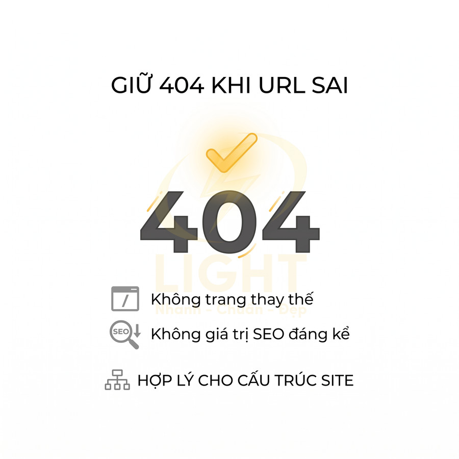 Minh họa thông báo lỗi 404 khi URL sai và lưu ý về tác động SEO và cấu trúc website