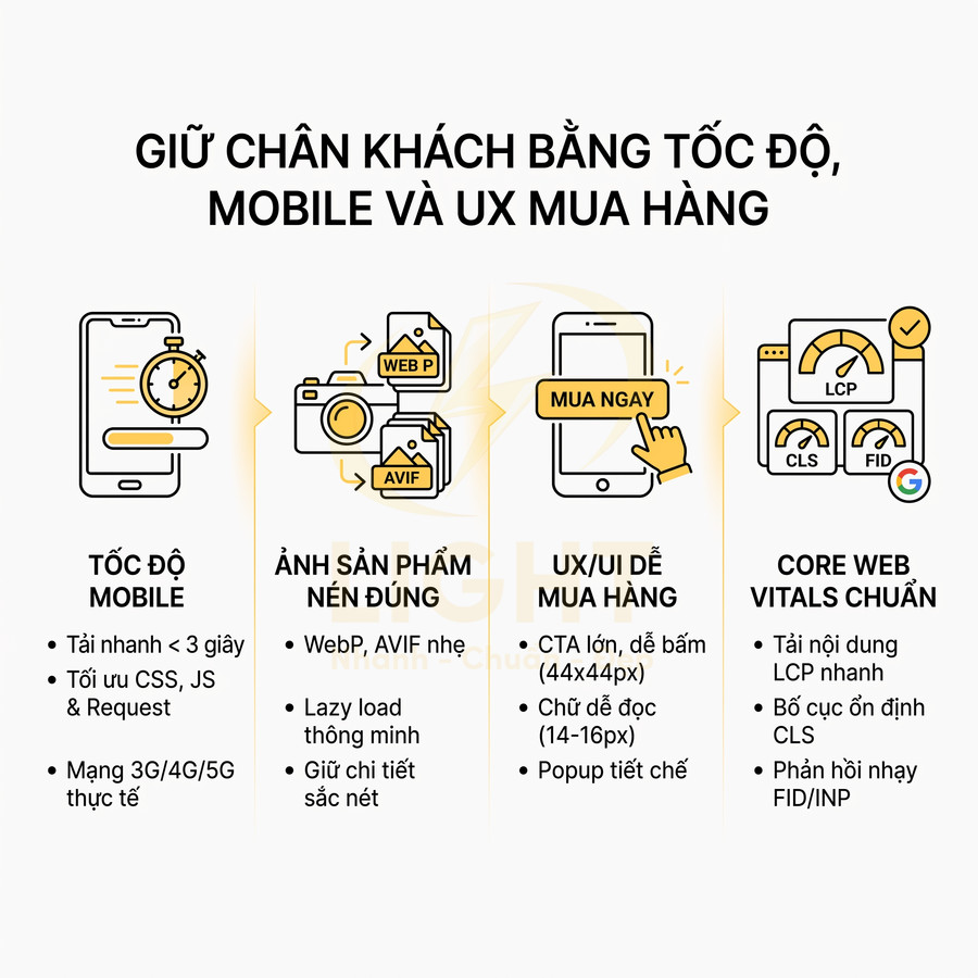 Infographic tối ưu website bán hàng trên mobile với tốc độ tải nhanh, ảnh sản phẩm nén đúng và UX UI dễ mua hàng