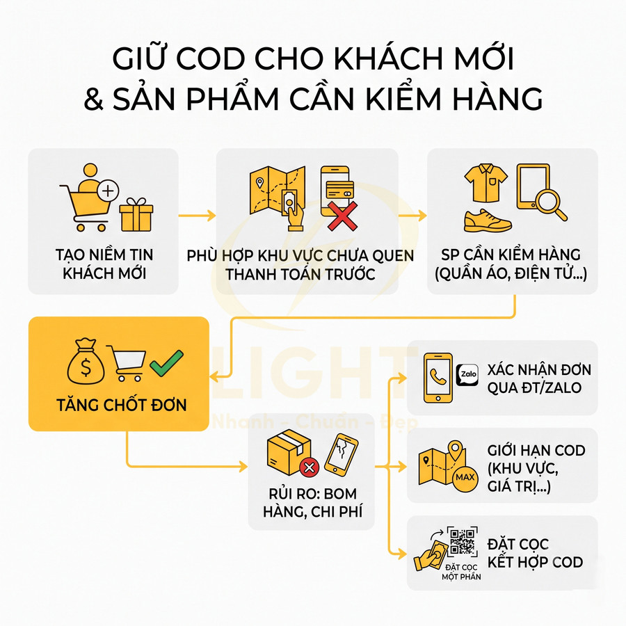 Infographic quy trình giữ COD cho khách mới và sản phẩm cần kiểm hàng để tăng tỷ lệ chốt đơn
