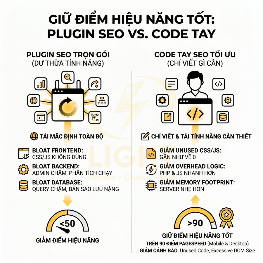 So sánh hiệu năng plugin SEO trọn gói và code tay tối ưu để giữ điểm PageSpeed cao