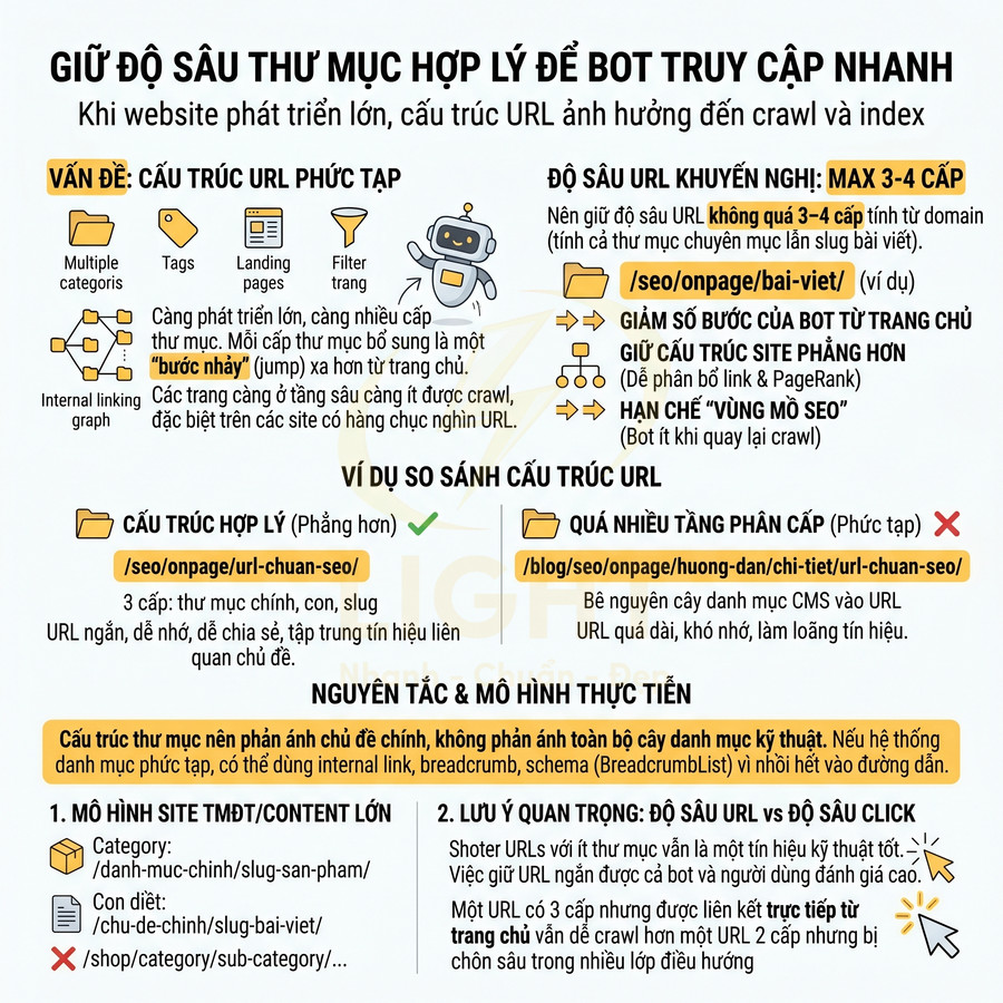 Infographic hướng dẫn cấu trúc URL chuẩn SEO, tối ưu độ sâu thư mục để bot crawl và index nhanh hơn