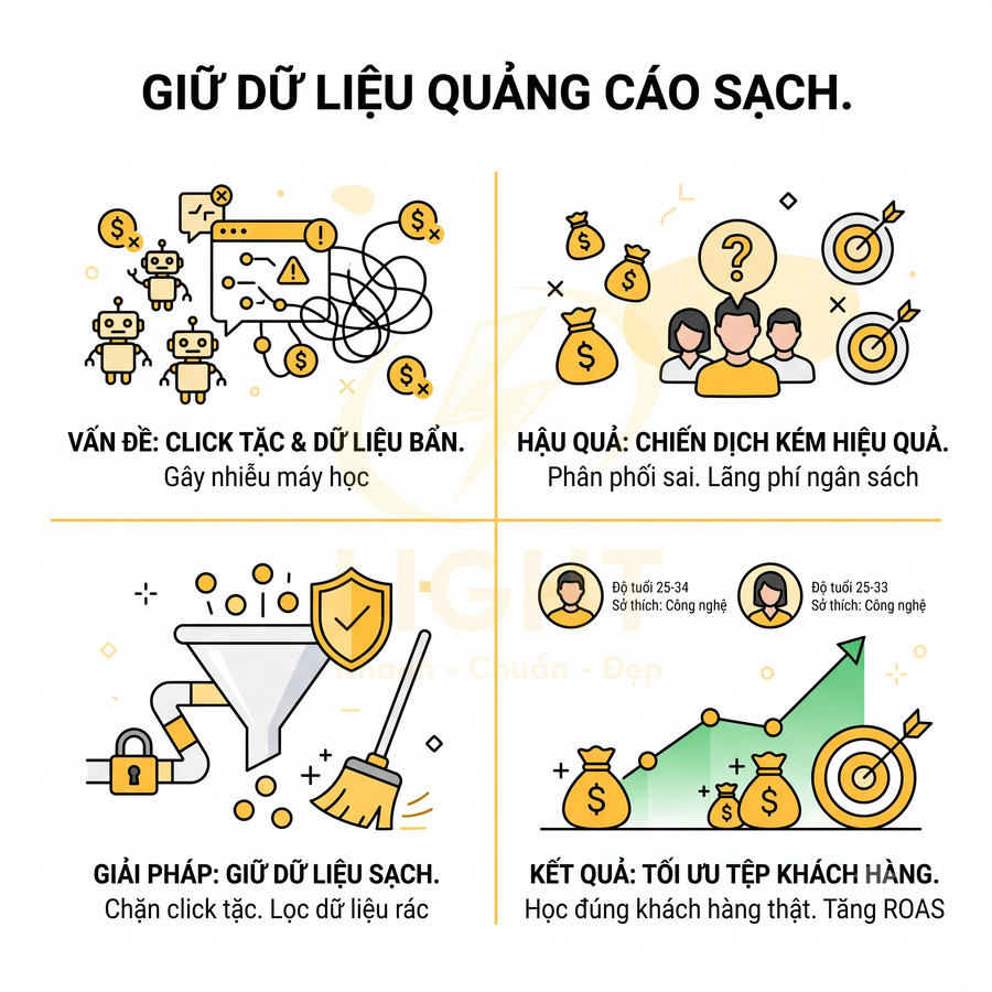 Minh họa giải pháp giữ dữ liệu quảng cáo sạch để chặn click tặc và tối ưu tệp khách hàng