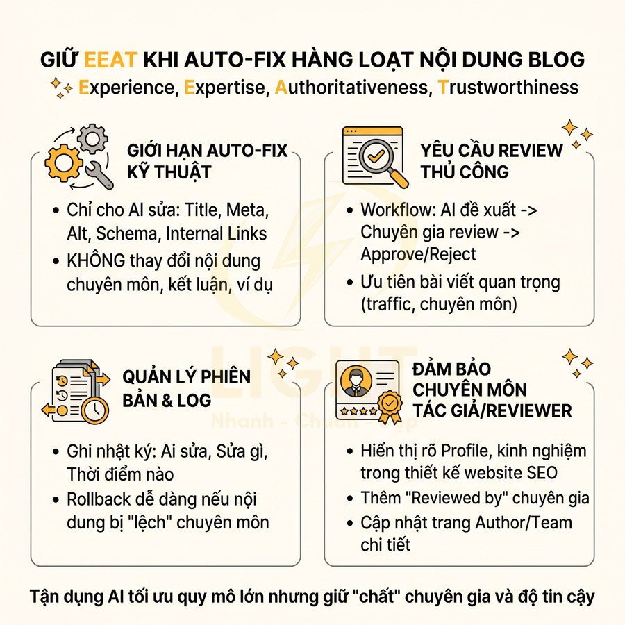 Hướng dẫn giữ EEAT khi dùng AI auto fix nội dung blog với giới hạn kỹ thuật, review thủ công và quản lý phiên bản