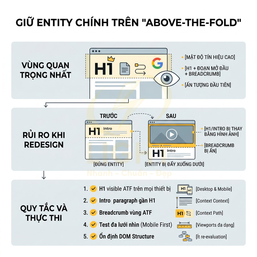 Infographic hướng dẫn giữ H1 và entity chính ở vùng above the fold để tối ưu SEO và trải nghiệm người dùng