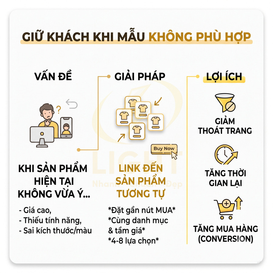 Mô tả giải pháp gợi ý sản phẩm tương tự khi mẫu hiện tại không phù hợp để giảm thoát trang và tăng chuyển đổi mua hàng