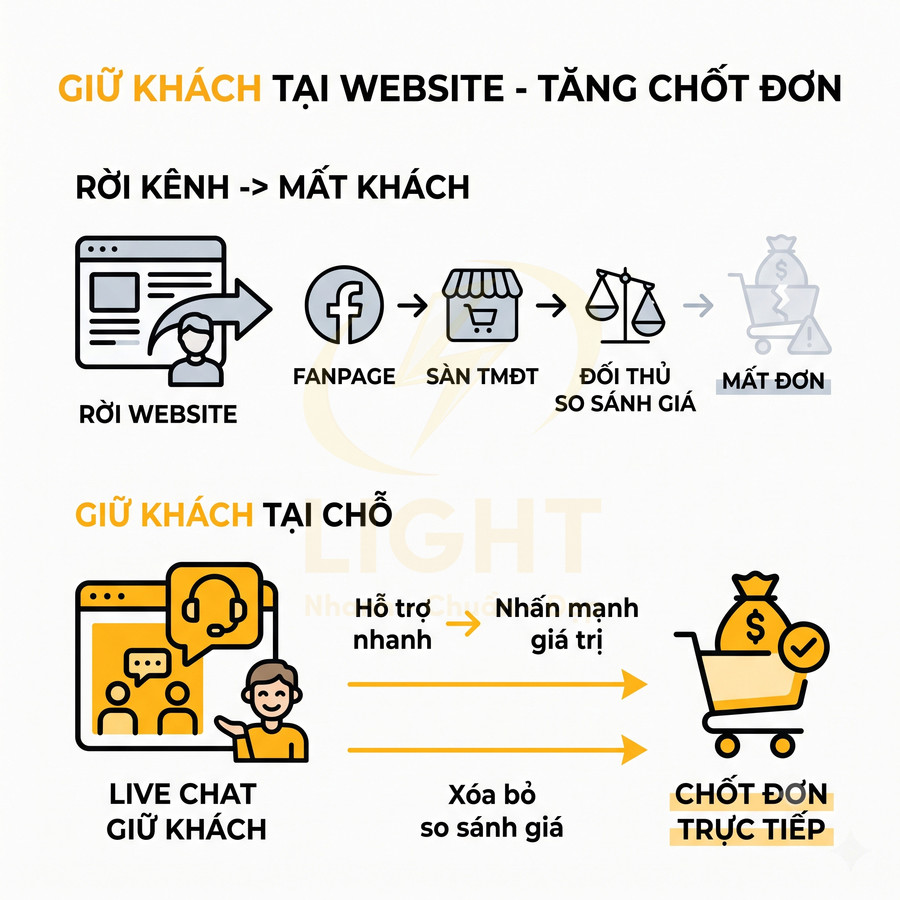 Mô hình giữ khách trên website bằng live chat để hỗ trợ nhanh và chốt đơn trực tiếp, tránh khách rời kênh mua sắm