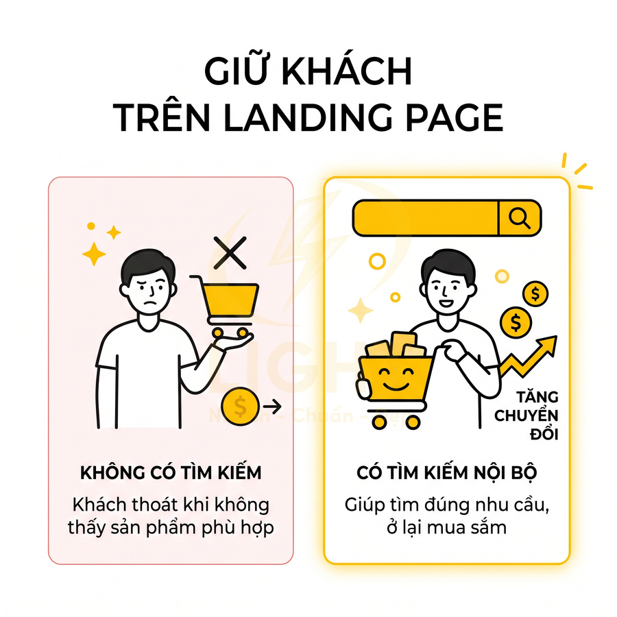 So sánh landing page không có tìm kiếm và có tìm kiếm nội bộ giúp giữ khách và tăng chuyển đổi