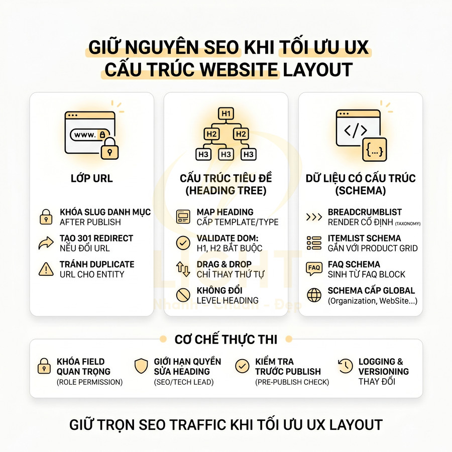 Hướng dẫn giữ nguyên SEO khi tối ưu UX cấu trúc website layout với URL, heading và schema