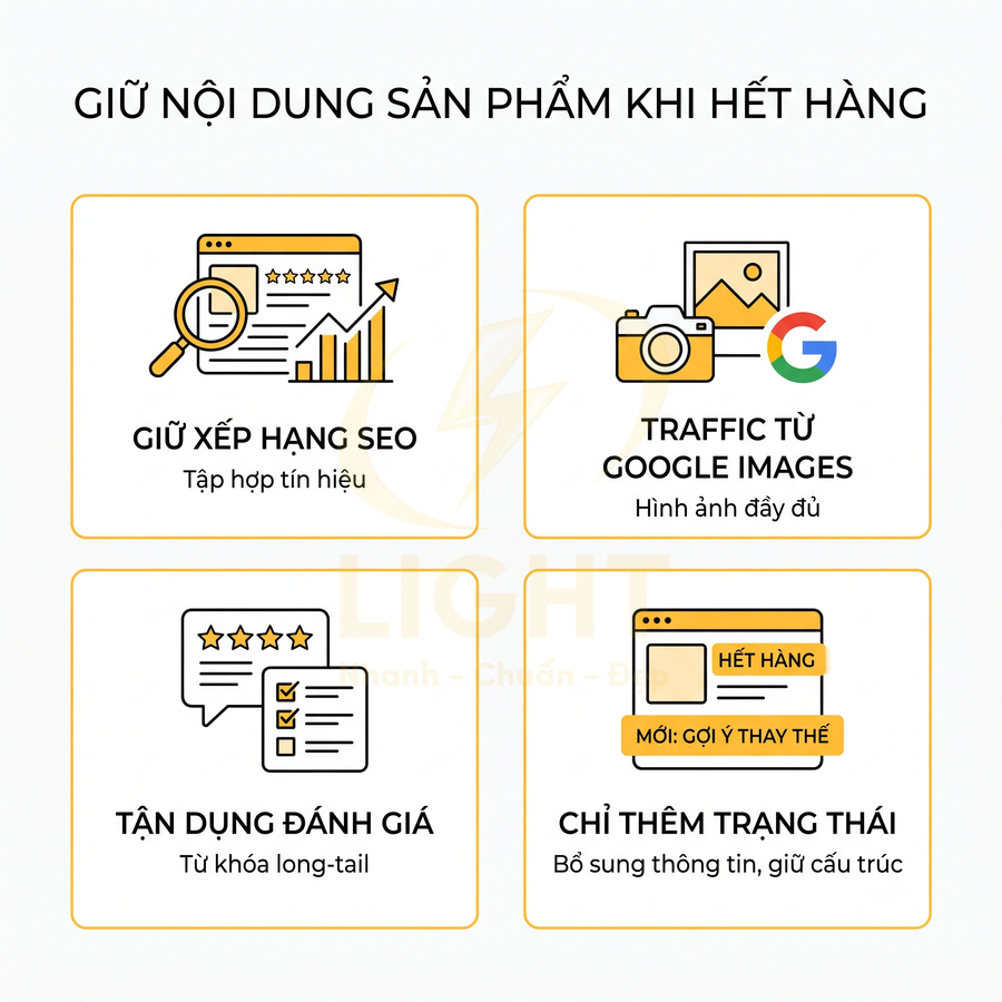 Giữ nội dung sản phẩm khi hết hàng để duy trì SEO, traffic Google Images và tận dụng đánh giá khách hàng