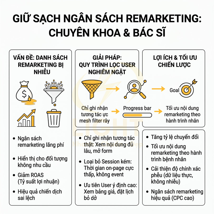 Infographic giữ sạch ngân sách remarketing cho chuyên khoa bác sĩ với quy trình lọc user nghiêm ngặt và tối ưu chiến lược