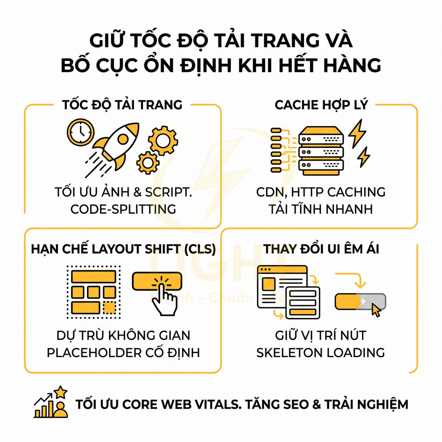 Hướng dẫn tối ưu tốc độ tải trang, cache, hạn chế layout shift và cải thiện UI để tăng Core Web Vitals và trải nghiệm