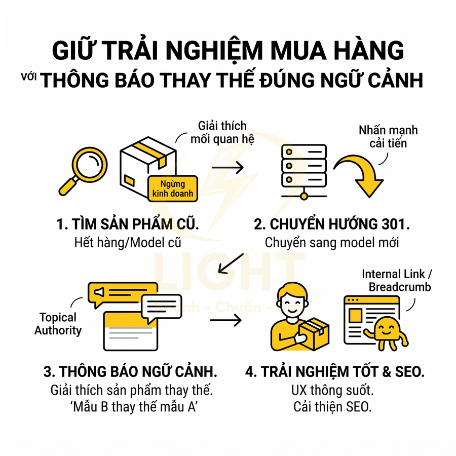 Quy trình giữ trải nghiệm mua hàng với thông báo thay thế sản phẩm và chuyển hướng 301 cải thiện SEO