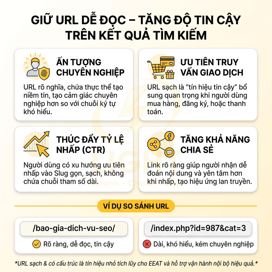 Infographic lợi ích URL dễ đọc trong SEO và ví dụ so sánh slug rõ ràng với URL chứa tham số khó hiểu