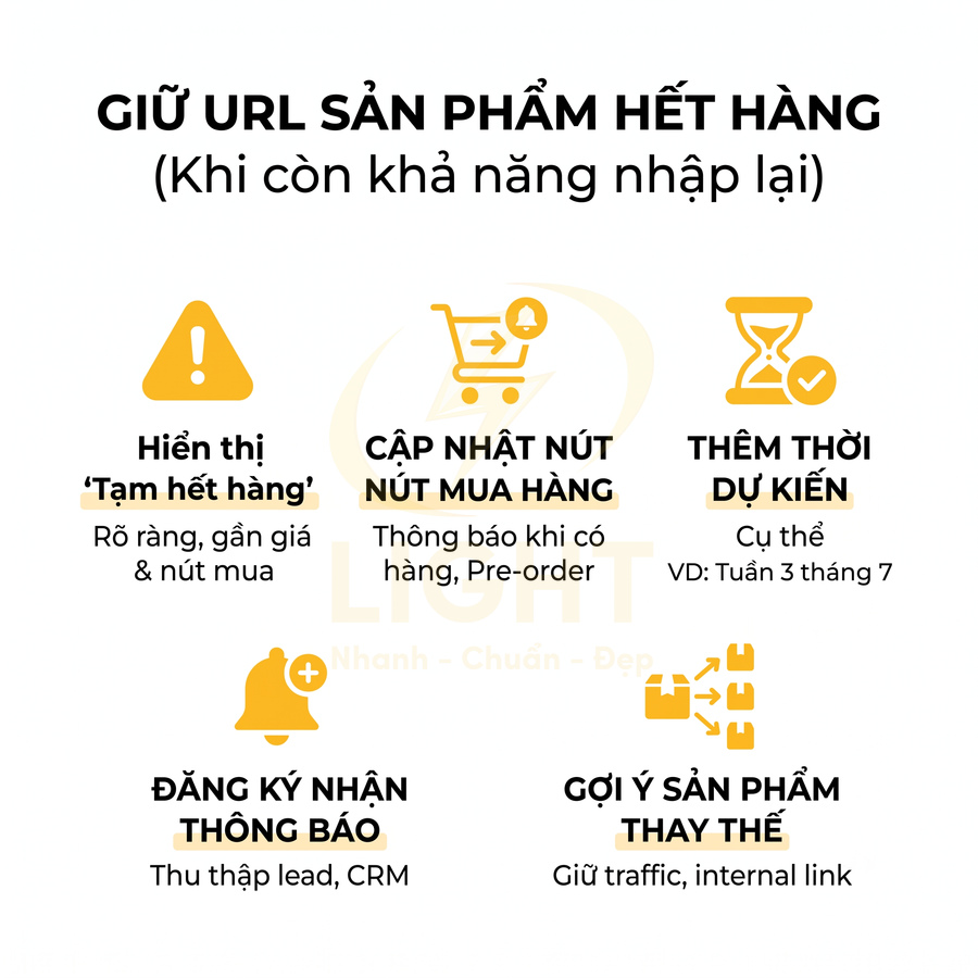 Hướng dẫn giữ URL sản phẩm hết hàng với các cách hiển thị thông báo, thời gian dự kiến và gợi ý sản phẩm thay thế