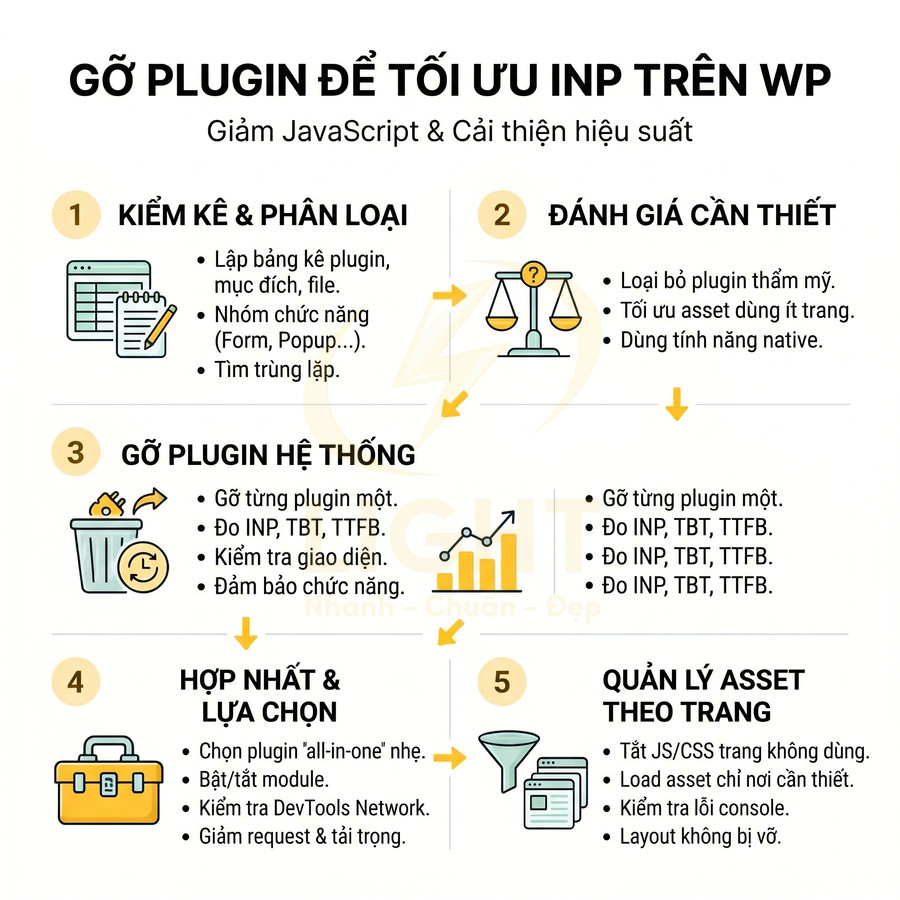 Hướng dẫn gỡ plugin để tối ưu INP trên WordPress, giảm JavaScript và cải thiện hiệu suất website