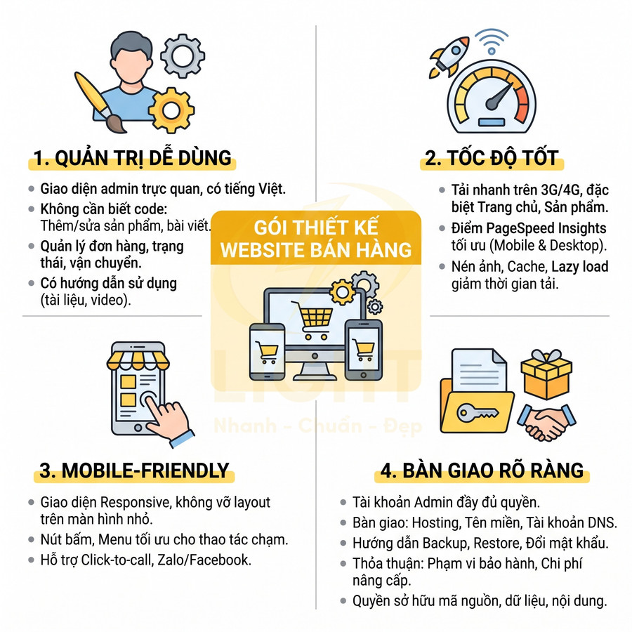 Gói thiết kế website bán hàng với quản trị dễ dùng, tốc độ tốt, mobile friendly và bàn giao rõ ràng