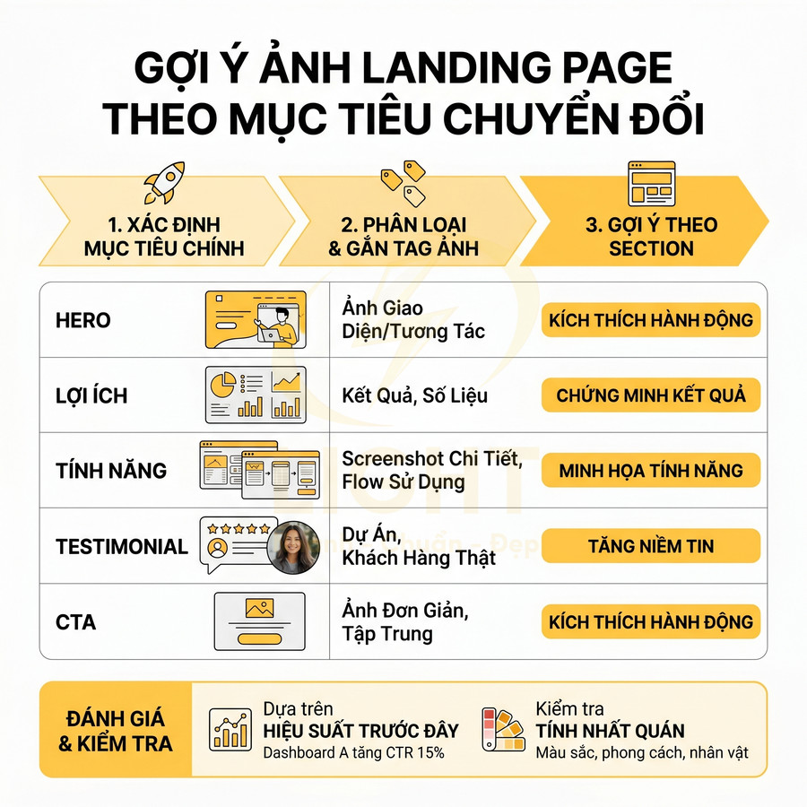 Gợi ý chọn hình ảnh cho landing page theo mục tiêu chuyển đổi và từng section HERO, lợi ích, tính năng, testimonial, CTA