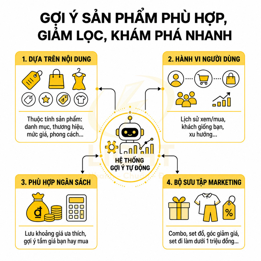 Sơ đồ hệ thống gợi ý sản phẩm tự động dựa trên nội dung, hành vi người dùng, ngân sách và bộ sưu tập marketing