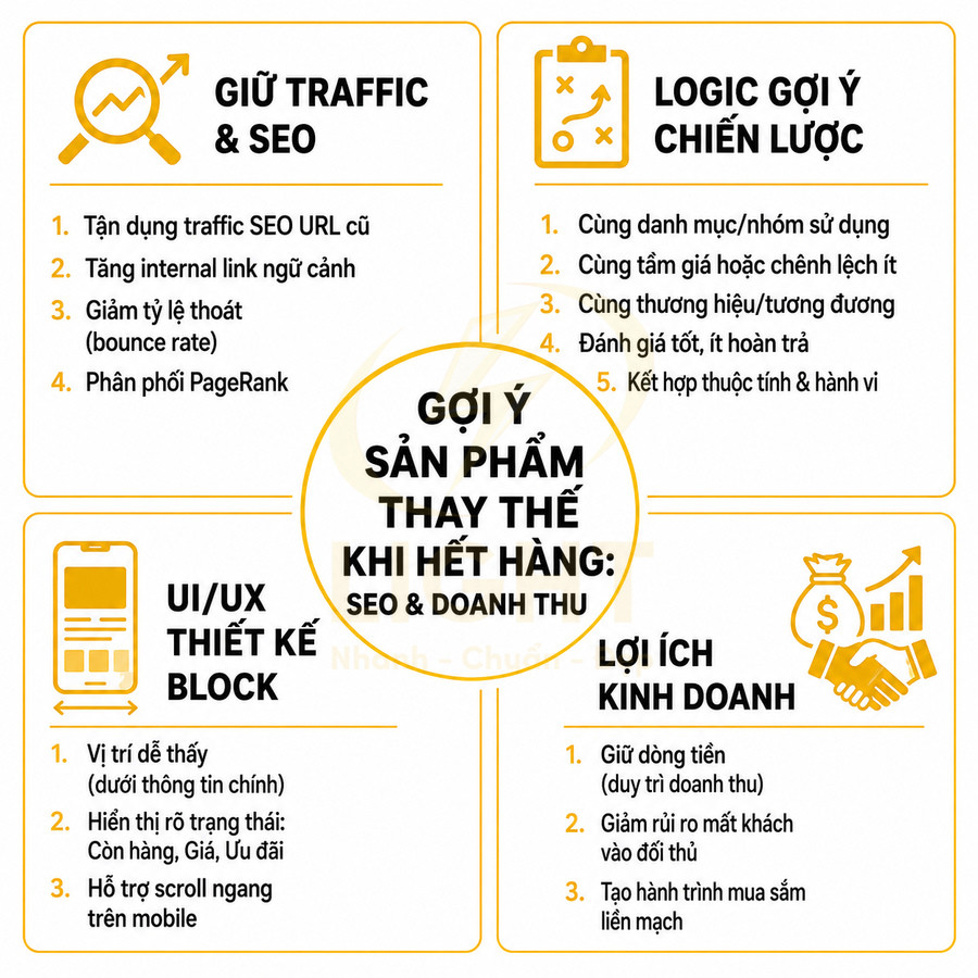 Infographic gợi ý sản phẩm thay thế khi hết hàng tập trung tối ưu SEO và tăng doanh thu cho website thương mại điện tử