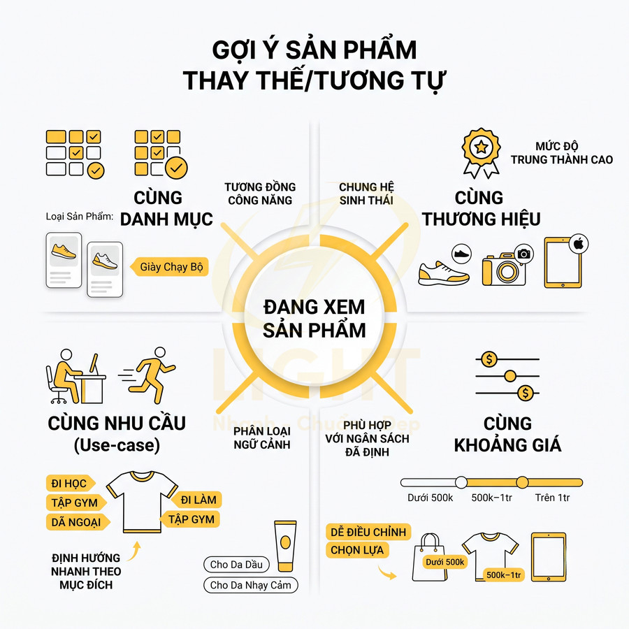 Sơ đồ gợi ý sản phẩm thay thế hoặc tương tự theo danh mục, thương hiệu, nhu cầu và khoảng giá