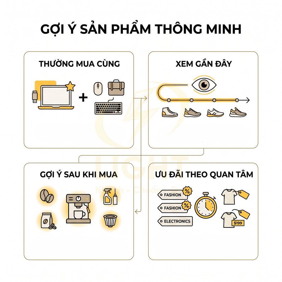 Minh họa tính năng gợi ý sản phẩm thông minh trên website thương mại điện tử với laptop, giày, máy pha cà phê, áo thun