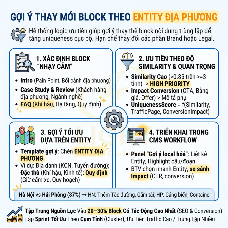 Hướng dẫn tối ưu nội dung website theo entity địa phương với các bước xác định block, ưu tiên, gợi ý và triển khai CMS