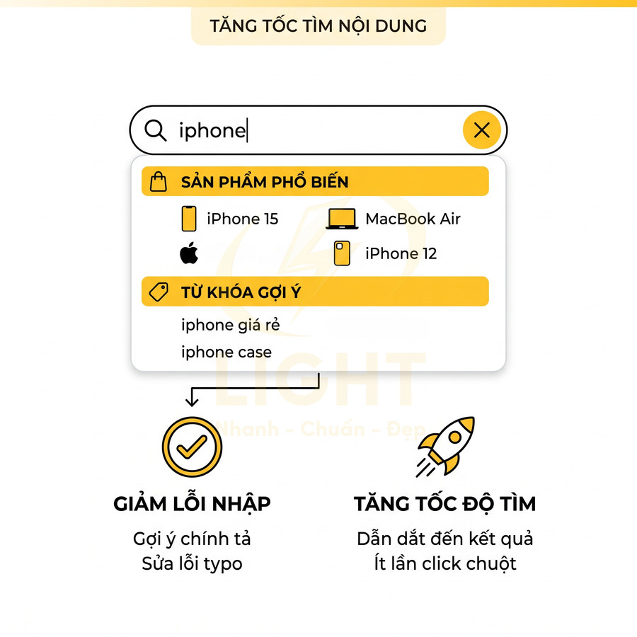 Giao diện thanh tìm kiếm gợi ý sản phẩm iPhone 15, iPhone 12, MacBook Air và từ khóa iphone giá rẻ, iphone case
