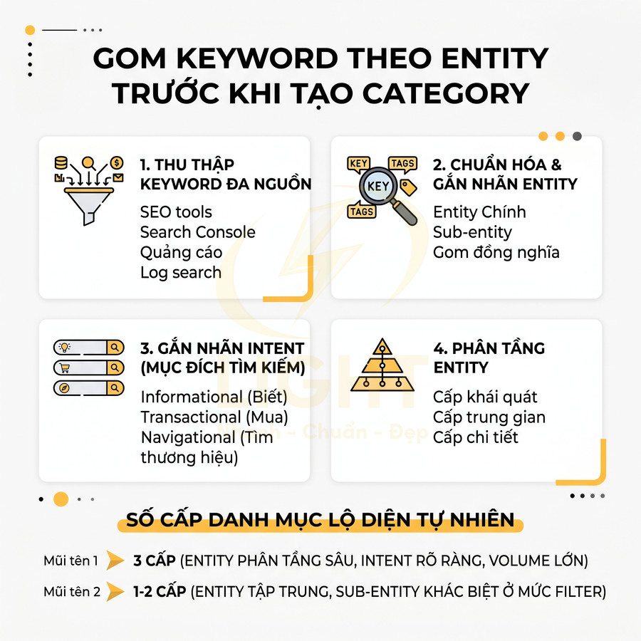 Hướng dẫn gom keyword theo entity trước khi tạo category trong chiến lược SEO nội dung