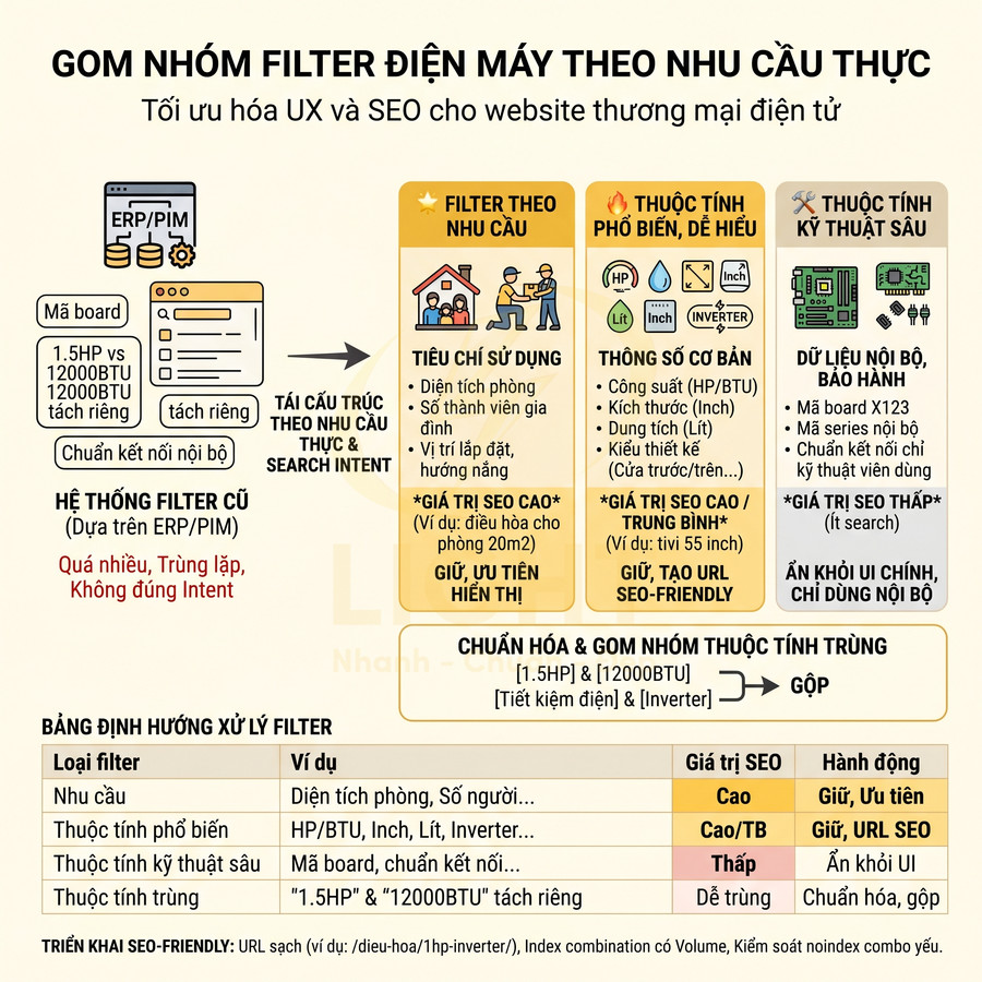 Infographic gom nhóm filter điện máy theo nhu cầu thực để tối ưu UX và SEO cho website thương mại điện tử