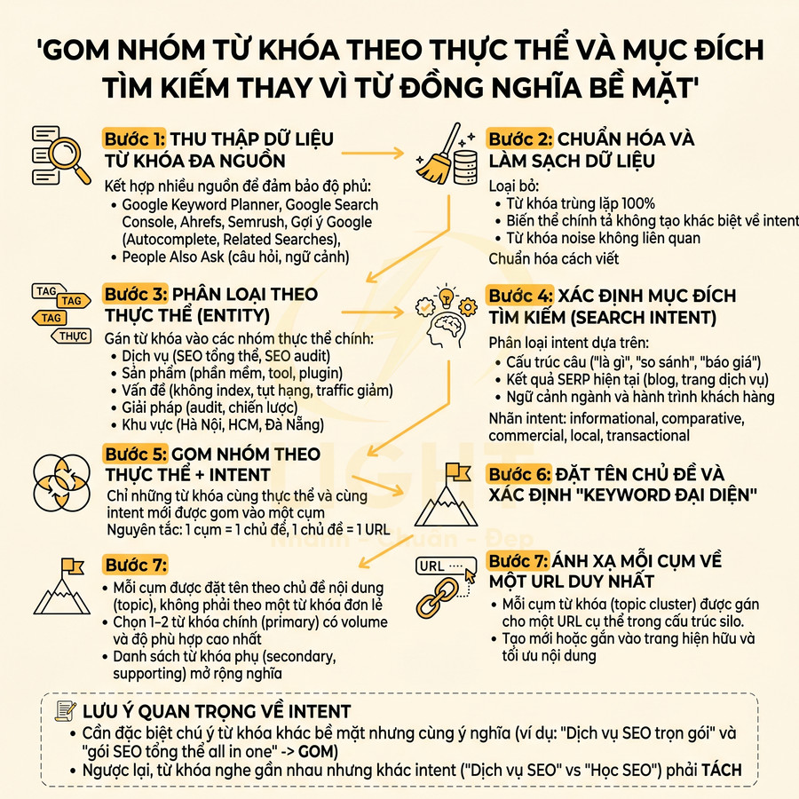 Quy trình gom nhóm từ khóa theo thực thể và search intent trong chiến lược SEO tổng thể