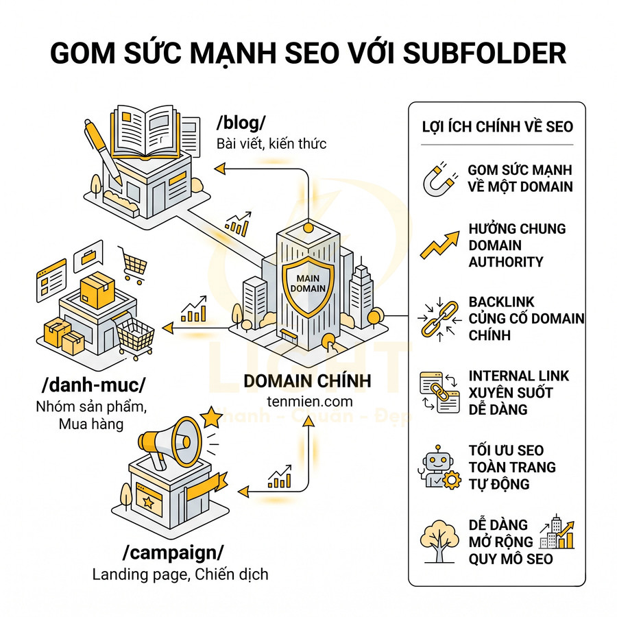 Minh họa cấu trúc subfolder blog danh mục campaign gom sức mạnh SEO về domain chính tenmien.com