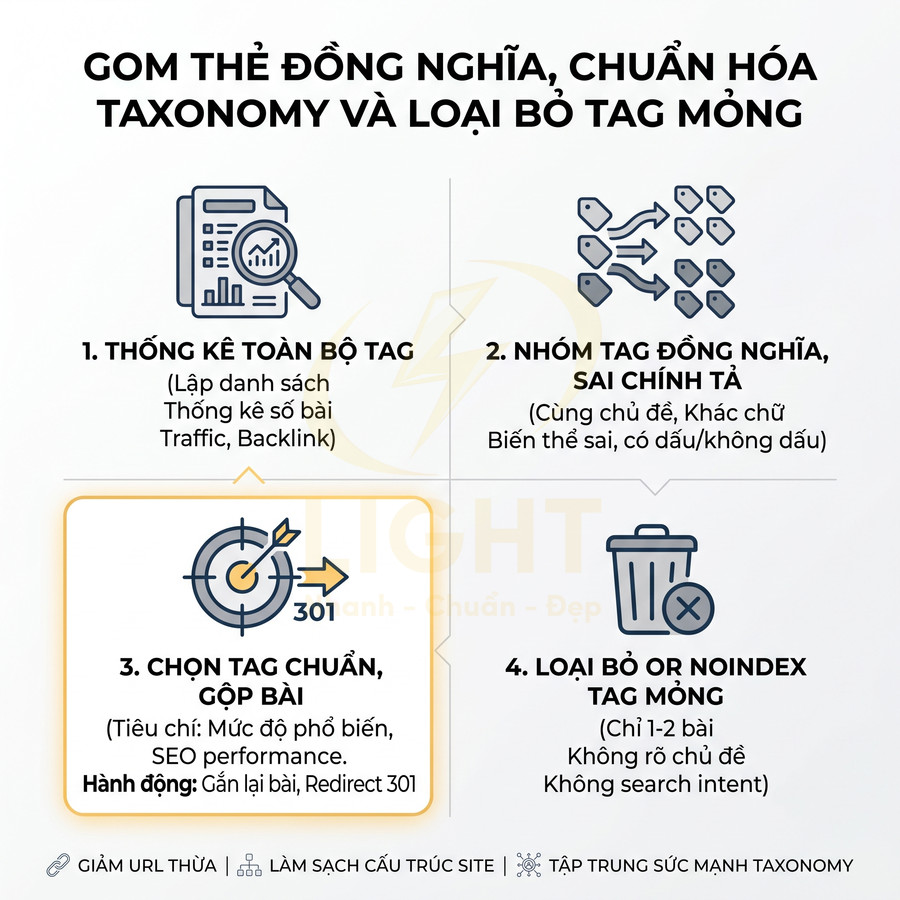 Quy trình gom thẻ đồng nghĩa, chuẩn hóa taxonomy và loại bỏ tag mỏng để tối ưu SEO website