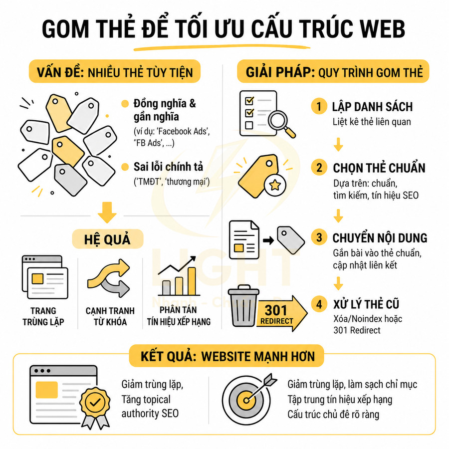 Hướng dẫn gom thẻ tối ưu cấu trúc website, quy trình chuẩn hóa thẻ và xử lý thẻ cũ để tăng hiệu quả SEO