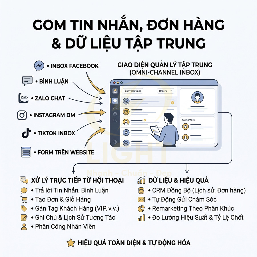 Giao diện phần mềm quản lý tập trung tin nhắn, đơn hàng và dữ liệu từ Facebook, Zalo, Instagram, TikTok, website
