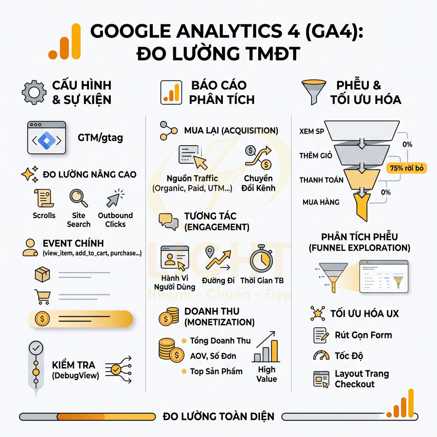 Mô hình Google Analytics 4 đo lường hiệu quả thương mại điện tử với cấu hình sự kiện, báo cáo, phễu và tối ưu UX