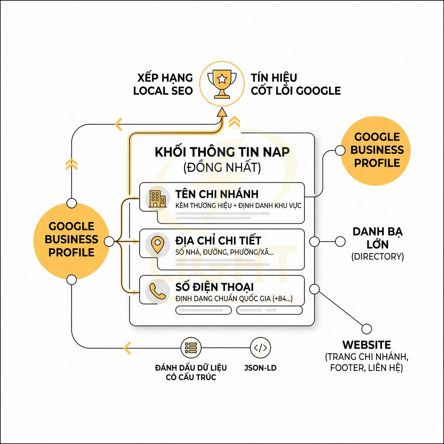 Sơ đồ tối ưu Google Business Profile với tên chi nhánh, địa chỉ chi tiết, số điện thoại và dữ liệu cấu trúc JSON LD