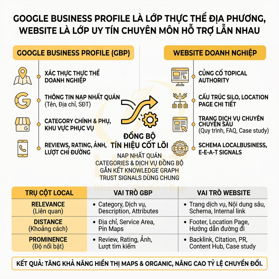 Infographic so sánh vai trò Google Business Profile và website doanh nghiệp trong SEO local và tăng chuyển đổi