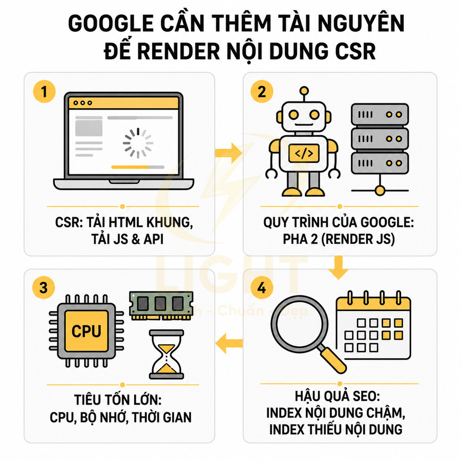 Quy trình Google render nội dung CSR gây tốn CPU bộ nhớ thời gian và làm index nội dung chậm thiếu nội dung