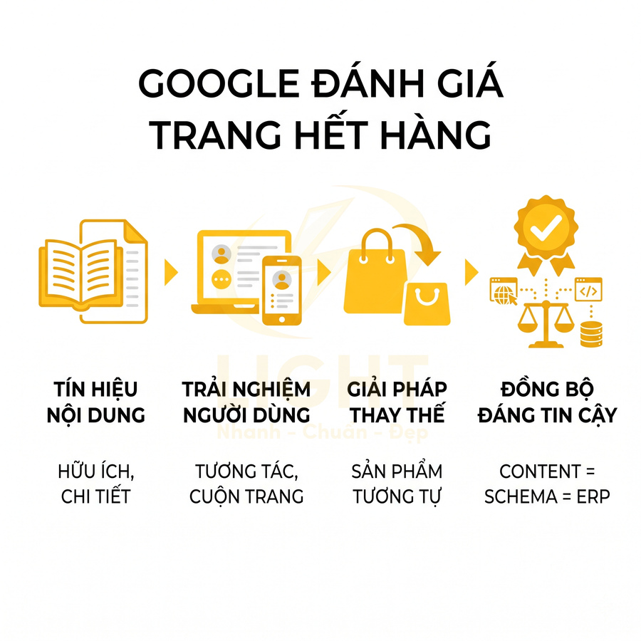 Google đánh giá trang hết hàng với tín hiệu nội dung, trải nghiệm người dùng, sản phẩm thay thế và độ tin cậy đồng bộ