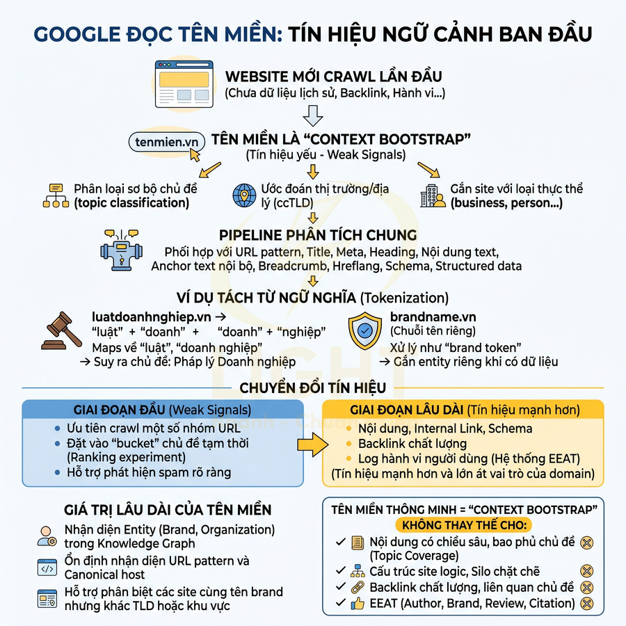 Sơ đồ Google đọc tên miền và chuyển đổi tín hiệu ngữ cảnh ban đầu để đánh giá website mới