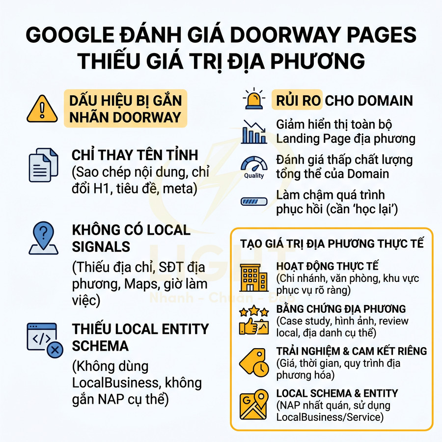 Infographic SEO giải thích doorway pages thiếu giá trị địa phương và cách tối ưu local signals, schema cho website
