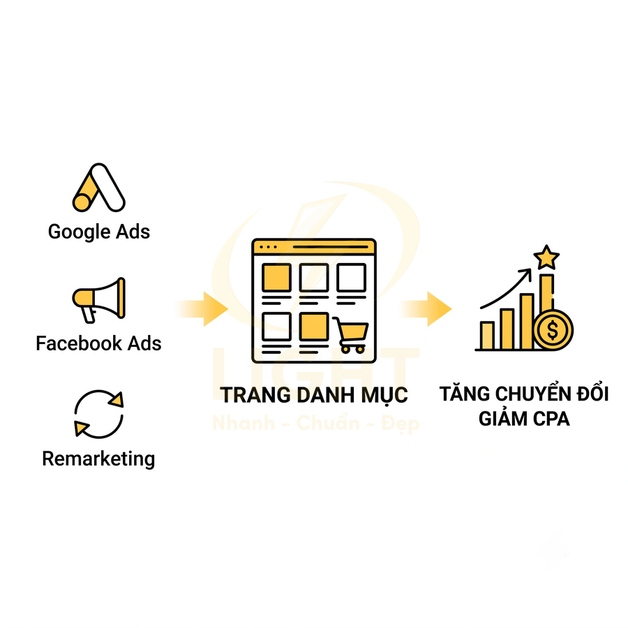 Quy trình dùng Google Ads, Facebook Ads, Remarketing dẫn traffic về trang danh mục để tăng chuyển đổi và giảm CPA