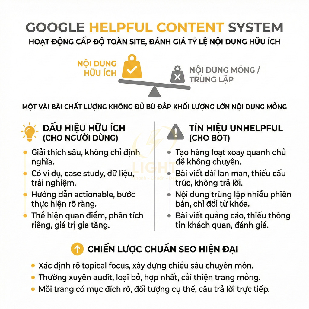 Mô tả hệ thống Google Helpful Content, dấu hiệu nội dung hữu ích và unhelpful, cùng chiến lược chuẩn SEO hiện đại