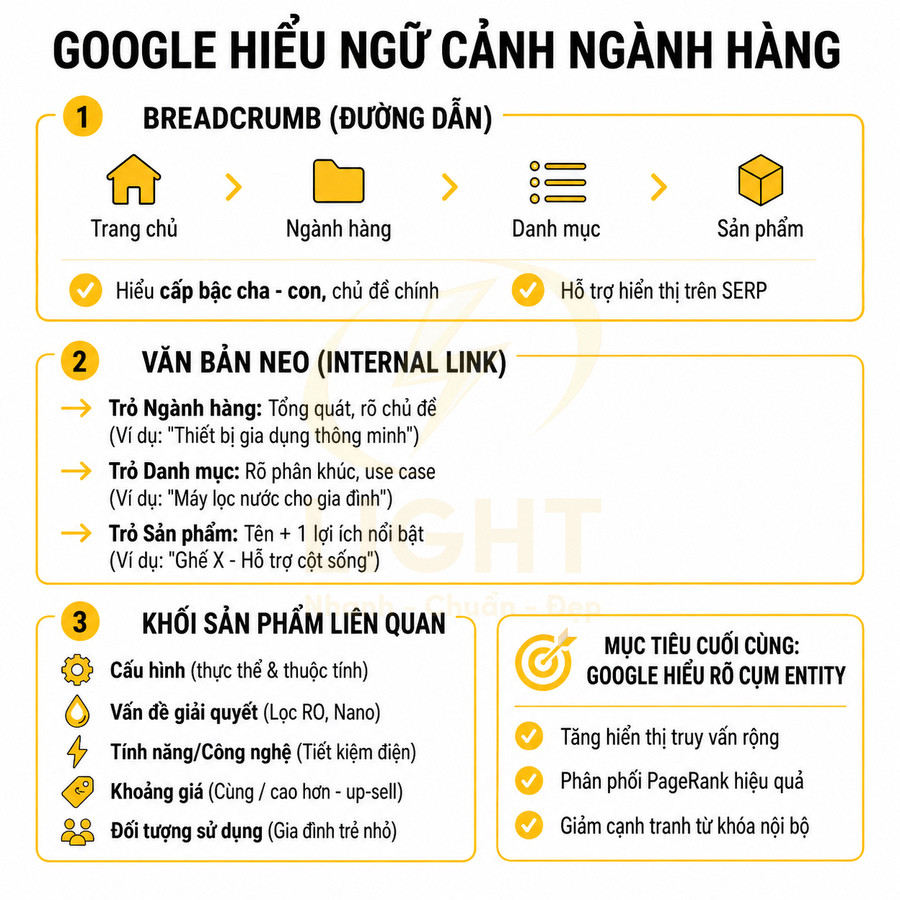 Hướng dẫn tối ưu SEO giúp Google hiểu ngữ cảnh ngành hàng qua breadcrumb, internal link và khối sản phẩm liên quan