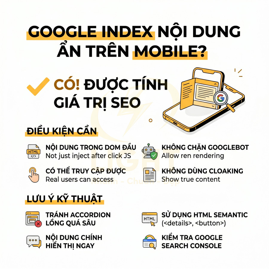 Hướng dẫn SEO về Google index nội dung ẩn trên mobile và các điều kiện kỹ thuật cần đáp ứng