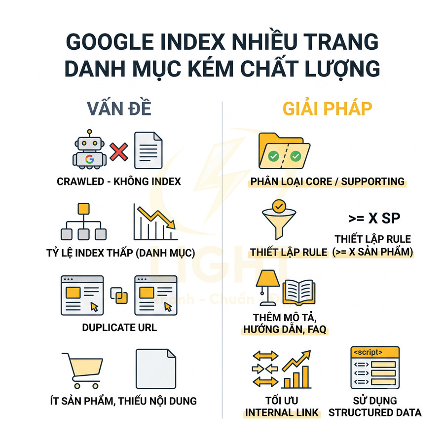 Hướng dẫn tối ưu SEO danh mục kém chất lượng với giải pháp index, internal link và structured data