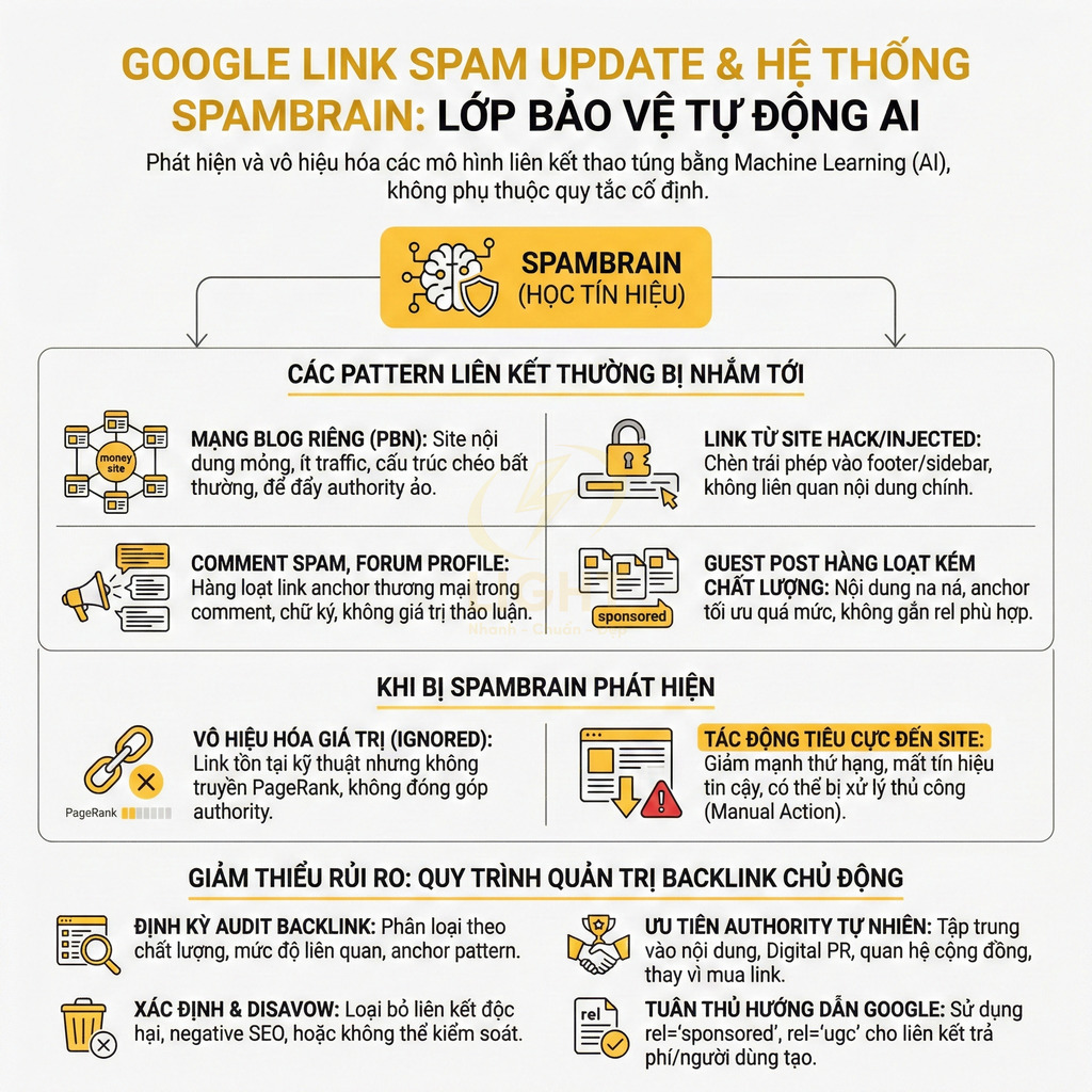 Infographic Google Link Spam Update và hệ thống SpamBrain phát hiện vô hiệu hóa liên kết spam, hướng dẫn quản trị backlink
