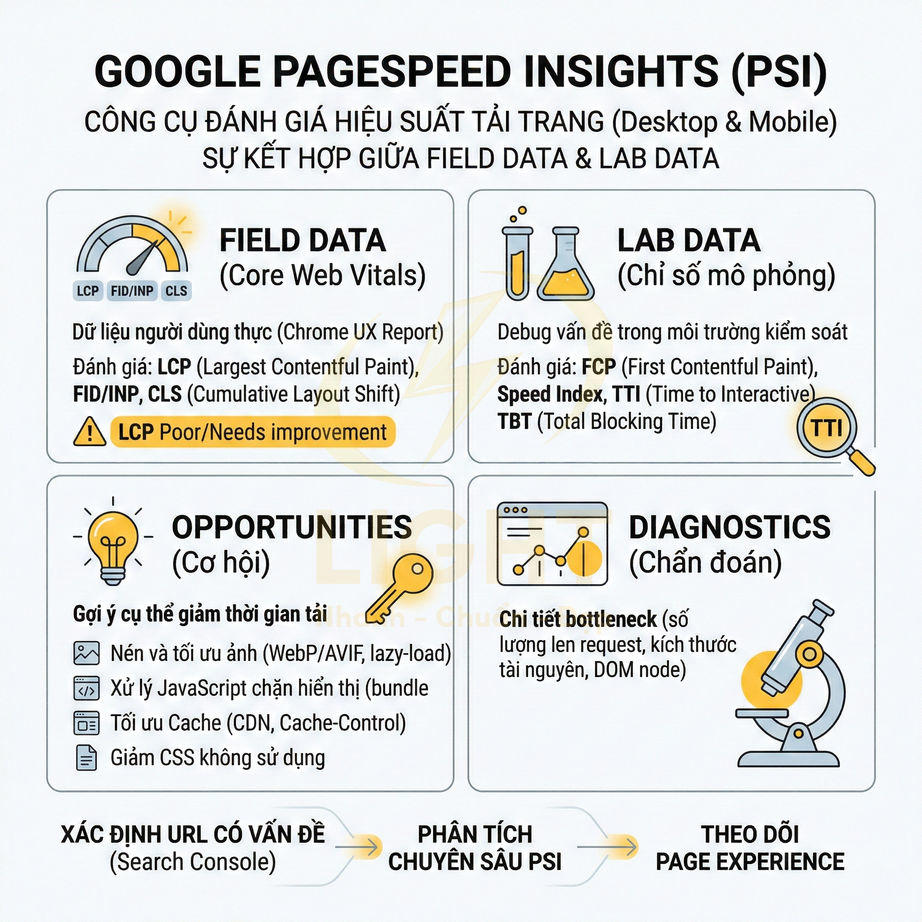 Infographic giới thiệu Google PageSpeed Insights, giải thích field data, lab data, opportunities và diagnostics trong tối ưu tốc độ web