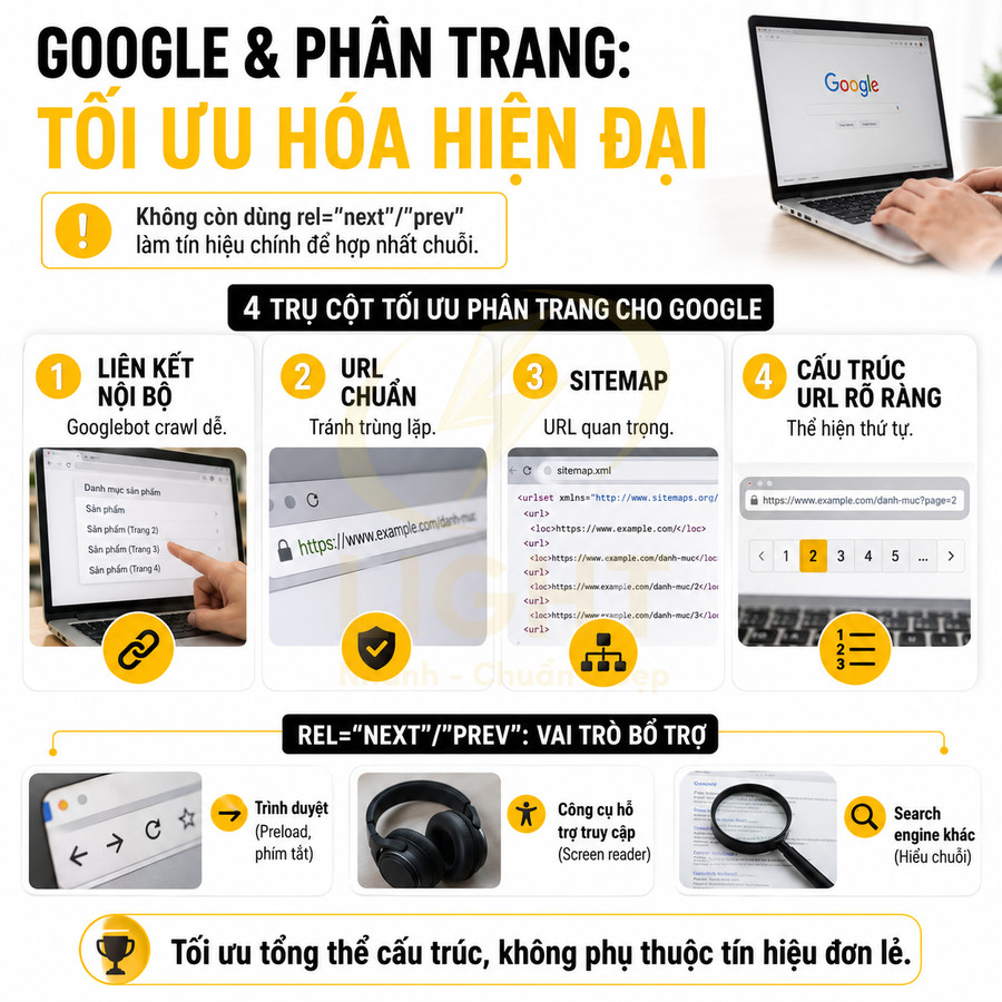 Infographic hướng dẫn tối ưu phân trang SEO Google với 4 trụ cột liên kết nội bộ, URL chuẩn, sitemap và cấu trúc URL rõ ràng