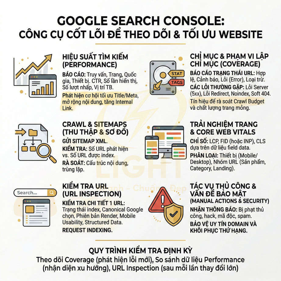 Infographic giới thiệu các tính năng chính của Google Search Console để theo dõi và tối ưu SEO website